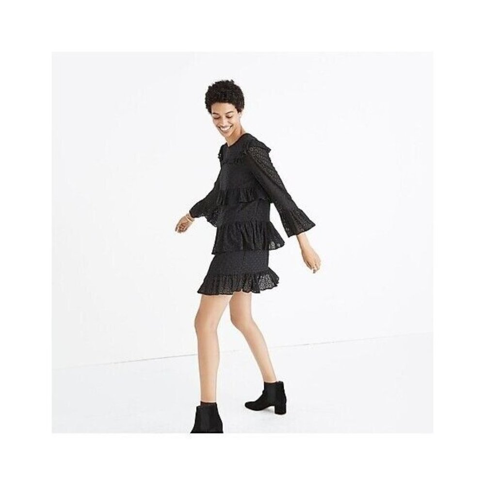 Madewell Black Dress Waterlily Ruffle Eyelet Midi Party Cocktail Holiday New 4